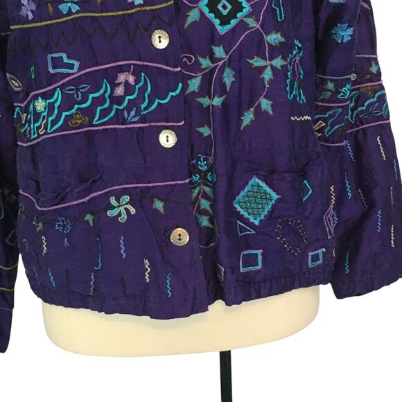 Chico's Design Womens Purple Teal Embroidered Boho Silk Jacket Blazer 1, 40 bust - Picture 3 of 10